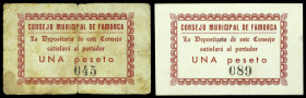 Famorca (Alicante). Consejo Municipal. 1 peseta (dos). (T. 743 y 743a) (KG. 343) (RGH. 2403 y 2403b). 2 cartones. Numeraciones bajas: 045 y 089. Muy r...