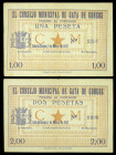 Gata de Gorgos (Alicante). Consejo Municipal. 1 y 2 pesetas. (T. 790, mismo ejemplar y 791) (KG. 383) (RGH. 2627 y 2628, sin imagen). 2 billetes, seri...