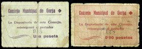 Gorga (Alicante). Consejo Municipal. 50 céntimos y 1 peseta. (T. 810 y 811 var) (KG. 390) (RGH. 2707 var y 2708). 2 cartones, los 50 céntimos sin tamp...