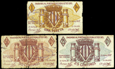 Guardamar del Segura (Alicante). Consejo Municipal. 25, 50 céntimos y 1 peseta. (T. 825 a 827) (KG. 400) (RGH. 2780 a 2782). 3 billetes, serie complet...