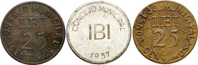 Ibi (Alicante). Consejo Municipal. 25 céntimos (dos) y 1 peseta. (AC. 16 a 19) (T. 833 a 835). 3 monedas, serie completa. Raras. MBC/MBC+.