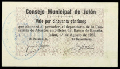 Jalón (Alicante). Consejo Municipal. Conserjería de Abastos. 50 céntimos. (T. 840) (KG. 424) (RGH. 2991a). Raro. EBC.