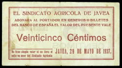 Jávea (Alicante). Sindicato Agrícola. 25 céntimos. (T. 863) (KG. 427a) (RGH. 3032). Nº 00144. Muy raro. MBC.
