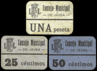 Jávea (Alicante). Consejo Municipal. 25, 50 céntimos y 1 peseta. (T. 864 a 866) (KG. 427) (RGH. 3029 a 3031). 3 cartones, serie completa. Muy raros. M...