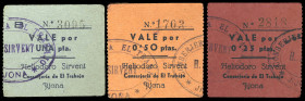 Jijona (Alicante). Heliodoro Sirvent Conserjería de "El Trabajo". 25, 50 céntimos y 1 peseta. (T. 880, 881a y 882a, mismo ejemplar) (KG. 431) (RGH. 30...