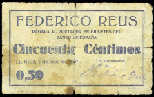 Lliber (Alicante). Federico Reus (Alcalde en funciones y el comerciante más importante de la localidad). 50 céntimos. (T. 905) (KG. 463) (RGH. 3178, s...