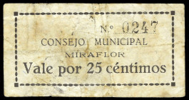 Miraflor (Alicante). Consejo Municipal. 25 céntimos. (T. 952) (KG. 496) (RGH. 3550). Nº 0247. Rarísimo. BC.