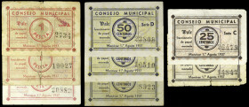 Monóvar (Alicante). Consejo Municipal. 25 (dos), 50 céntimos (tres) y 1 peseta (tres). (T. 975a, 975b, 975c, 976, 976a, 976c, 977b y 977c) (KG. 502) (...