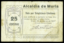 Murla (Alicante). Alcaldía. 25 céntimos. (T. 1003) (KG. 523) (RGH. 3778). Rarísimo. BC+.