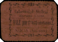 La Nucia (Alicante). Colectividad Sindical C.N.T.-A.I.T. Moneda Local. 5 céntimos. (T. 1020) (KG. 540) (RGH. 3868). Cartón. Serie B. Muy raro. BC.