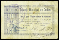 Ondara (Alicante). Consejo Municipal. 25 céntimos. (T. 1049b) (KG. 549) (RGH. 3927a, sin imagen). Manchitas. Muy raro. MBC-.