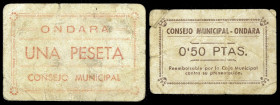 Ondara (Alicante). Consejo Municipal. 50 céntimos y 1 peseta. (T. 1050b y1051a) (KG. 549a y falta valor) (RGH. 3931b y 3932b). 2 cartones. Rarísimos. ...