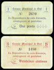 Onil (Alicante). Consejo Municipal. 25 céntimos y 1 peseta. (T. 1053a y 1054a var) (KG. 550) (RGH. 3933ab y 3934b). 2 cartones, serie completa. Raros....