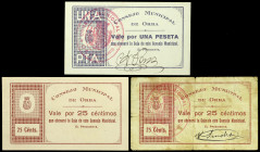 Orba (Alicante). Consejo Municipal. 25 céntimos (dos) y 1 peseta. (T. 1064a, 1067 y 1067b) (KG. 553) (RGH. 3957a, 3958 y 3958b) . 3 billetes. Raros. B...