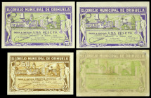 Orihuela (Alicante). Consejo Municipal. 50 céntimos y 1 peseta (tres). (T. 1084, 1084 var y 1085) (KG. 556a) (RGH. 3993 y 3994). 4 billetes, una serie...
