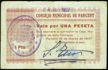 Parcent (Alicante). Consejo Municipal. 1 peseta. (T. 1110a, mismo ejemplar) (KG. falta) (RGH. 4049). Rarísimo. MBC-.