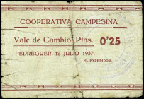 Pedreguer (Alicante). Cooperativa Campesina. 25 céntimos. (T. 1121) (KG. 569) (RGH. 4087). Muy raro. BC.
