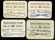 Pego (Alicante). Consejo Municipal. 25 (dos) y 30 céntimos (dos). (T. 1127, 1127a, 1128a y 1128b) (KG. 574a) (RGH. 4125a, 4125ab, 4126 y 4126a). 4 car...