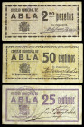 Abla (Almería). Consejo Municipal. 25, 50 céntimos y 2,50 pesetas. (KG. 5 y falta) (RGH. 30, 31 y 33 sin imagen). 3 billetes. Muy raros. BC/MBC.