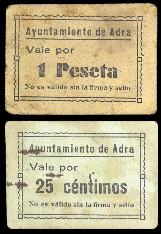 Adra (Almería). Ayuntamiento. 25 céntimos y 1 peseta. (KG. 8) (RGH. 44 y 46). 2 ...