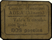 Adra (Almería). Consejo Municipal. 2 pesetas. (Inédito). Cartón. Rarísimo. BC-.