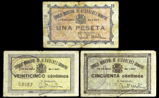Albánchez (Almería). Consejo Municipal. 25, 50 céntimos y 1 peseta. (KG. 30) (RGH. 179 a 181). 3 billetes, serie completa. El de peseta nº 00078. Esca...