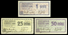 Albánchez (Almería). Consejo Municipal. 25, 50 céntimos y 1 peseta. (KG. 30a) (RGH. 182, 183 y 184 éstos dos sin imagen). 3 billetes. Muy raros y más ...