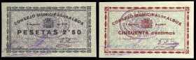 Albox (Almería). Consejo Municipal. 50 céntimos y 2,50 pesetas. (KG. 38a) (RGH. 239 y 241). 2 billetes. Escasos así. EBC/EBC+.