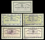 Albox (Almería). Consejo Municipal. 25 céntimos (dos), 1 (dos) y 2,50 pesetas. (KG. 38a) (RGH. 238, 240 y 241). 5 billetes. Escasos así. EBC/EBC+.