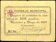 Alcóntar (Almería). Consejo Municipal. 2 pesetas. (KG. A53) (RGH. 357 sin imagen). Rarísimo. BC.