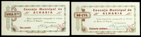 Alhabia (Almería). Consejo Municipal. 50 céntimos y 1 peseta. (KG. 73) (RGH. 493 y 494). 2 billetes, todos los de la localidad. Muy raros y más así. E...