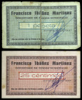 Almería. Francisco Ibáñez Martínez. Depositario de Fondos Municipales. 25 céntimos y 1 peseta. (Inéditos). 2 billetes, uno roto y pegado en la época. ...