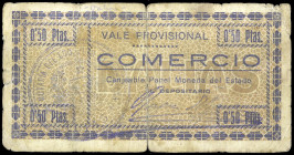 Dalías (Almería). Vale Provisional. Comercio. 50 céntimos. (KG. 314b) (RGH. 2190, sin imagen ni precio). Roturas. Rarísimo. (BC).
