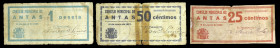 Antas (Almería). Consejo Municipal. 25, 50 céntimos y 1 peseta. (KG. 102 y falta valor) (RGH. 718 a 720). 3 billetes, serie completa. La peseta nº 008...