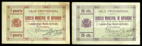 Bayarque (Almería). Consejo Municipal. 25 céntimos y 1 peseta. (KG. 131 y falta) (RGH. 901 y 903 sin imagen). 2 billetes. Muy raros. MBC-.