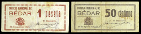 Bédar (Almería). Consejo Municipal. 50 céntimos y 1 peseta. (KG. 136) (RGH. 928 y 929). 2 billetes. Raros. BC+/MBC-.