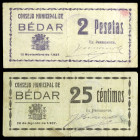Bédar (Almería). Consejo Municipal. 25 céntimos y 2 pesetas. (KG. 136 y 136a) (RGH. 927 y 931). 2 billetes. Raros. BC+/MBC-.