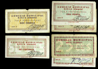 Berja (Almería). Consejo Municipal. 25 (dos), 50 céntimos, 1 (dos) y 2 pesetas. (KG. 178) (RGH. 1187 a 1190). 6 billetes, una serie completa con varia...