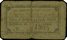Berja (Almería). Establecimiento de Francisco Vázquez Navarro. 1 peseta. (KG. 178a) (RGH. 1193). Cartón roto y pegado en la época. Muy raro. BC-.