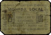 Canjáyar (Almería). Moneda Local. 25 céntimos. (KG. 234) (RGH. 1570 sin imagen ni precio). Cartón. Los dos autores dicen "moneda legal" por error. Rar...