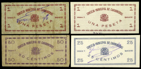 Carboneras (Almería). Consejo Municipal. 25, 50 céntimos y 1 peseta (dos). (KG. 240a y 240b) (RGH. 1614 a 1617). 4 billetes, una serie completa. El de...