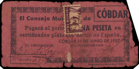 Cobdar (Almería). Consejo Municipal. 1 peseta. (KG. A281) (RGH. 1990). Roto y pegado en la época con un trozo de viñeta del Socorro Rojo. Muy raro. (B...