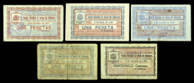 Cuevas de Almanzora (Almería). Consejo Municipal. 25 céntimos, 1 (tres) y 2 pesetas. (KG. 299) (RGH. 2140 a 2143). 2 de octubre. 5 billetes, uno de pe...