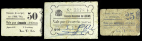 Chirivel (Almería). Consejo Municipal. 25 y 50 céntimos (dos). (KG. 308a y 308b) (RGH. 1934, 1936 y 1938). 2 cartones y un billete. Raros. BC/MBC.