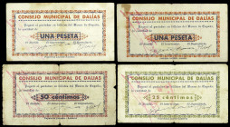 Dalias (Almería). Consejo Municipal. 25, 50 céntimos y 1 peseta (dos). (KG. 314) (RGH. 2184 a 2186). 4 billetes. Raros. BC/MBC-.