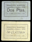 Enix (Almería). Sebastián Martínez. Comestibles y Estanco. 50 céntimos y 2 pesetas. (KG. 328) (RGH. 2299 y 2301 sin imagen ni precio). 2 cartones. Rar...