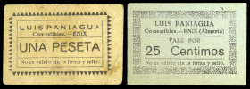 Enix (Almería). Luis Paniagua. Comestibles. 25 céntimos y 1 peseta. (KG. 328a) (RGH. 2302 y 2303 sin imagen ni precio). 2 cartones. Rarísimos. MBC-/MB...