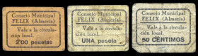 Felix (Almería). Consejo Municipal. 50 céntimos, 1 y 2 pesetas. (KG. 348) (RGH. 2435 a 2437, los dos últimos sin imagen). 3 cartones, todos los de la ...