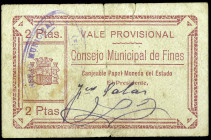 Fines (Almería). Consejo Municipal. 2 pesetas. (KG. falta) (RGH. 2449). Pequeñas roturas. Rarísimo. BC+.