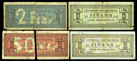 Fiñana (Almería). Consejo Municipal. 25, 50 céntimos, 1 y 2 pesetas. (KG. 352) (RGH. 2453 a 2456). 4 billetes, serie completa. Uno partido por la mita...
